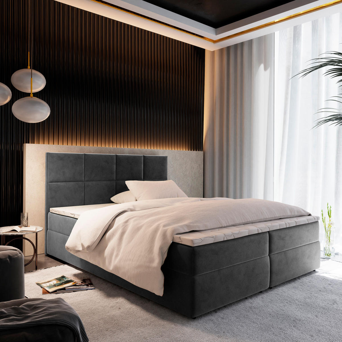 POSTEL BOXSPRING LENA 160x200 cm, s matrací a úložným prostorem, šedá - šedá, kompozitní dřevo/textil (160/200cm) - MASSENO