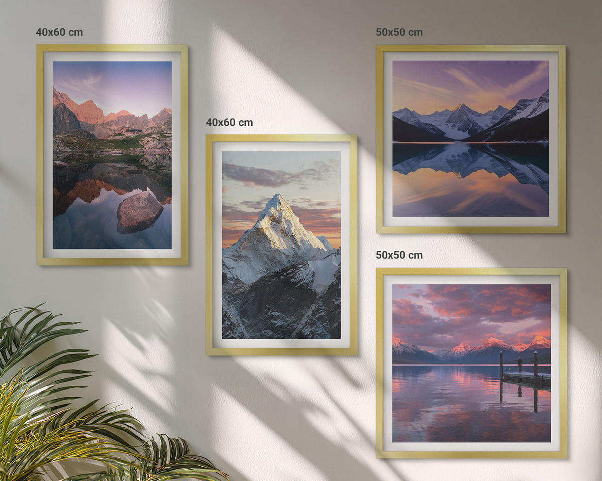 BILDER SET 4er Set - 50x50 cm & 40x60 cm Goldrahmen - Berglandschaften im Hintergrund - Goldfarben, Kunststoff (50/50cm) - TULUP