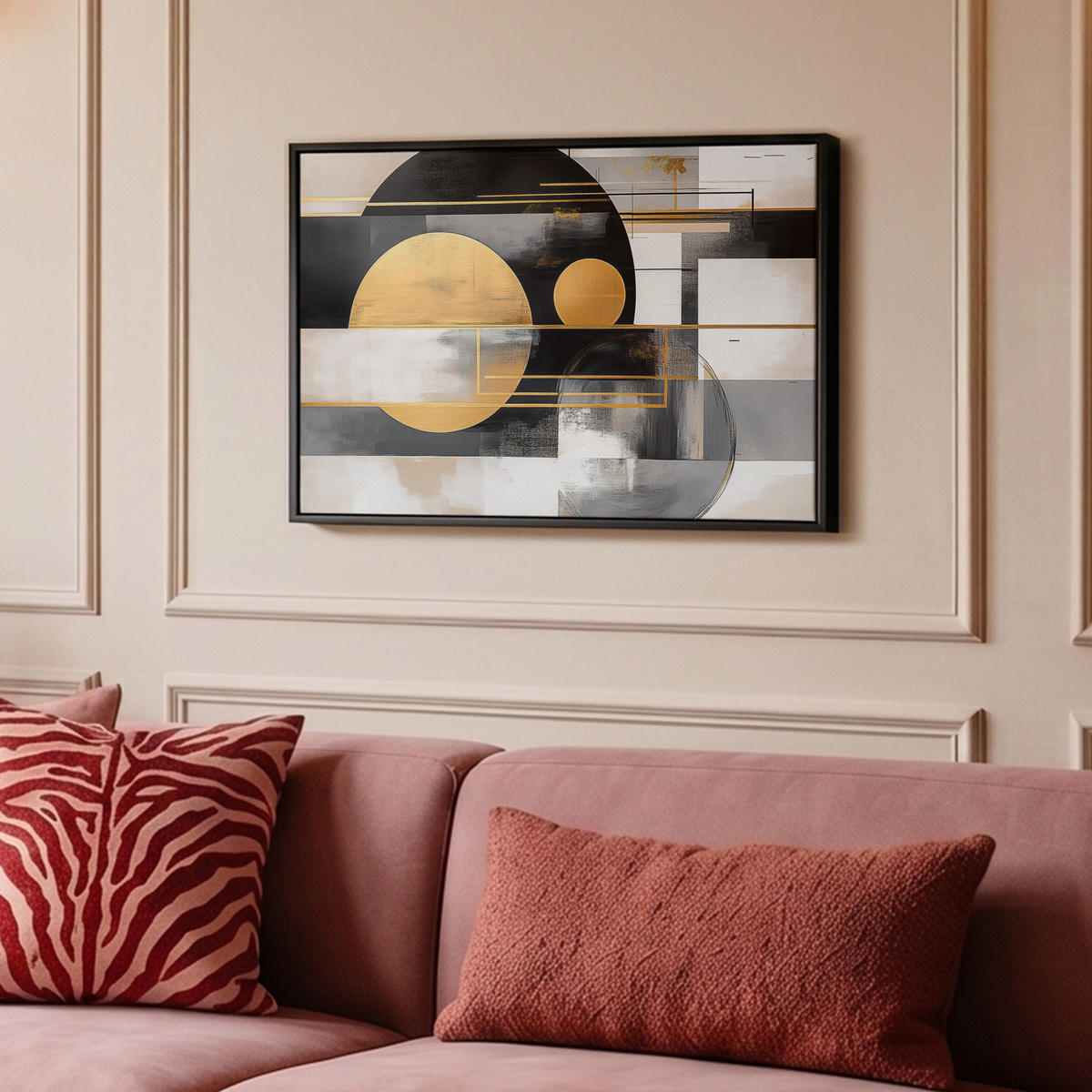 LEINWAND Bilder mit Rahmen - Abstrakt - Gold - Silber - Formen - Ästhetisch - Modern - 60x40 - Goldfarben, Textil (60/40cm) - MuchoWow