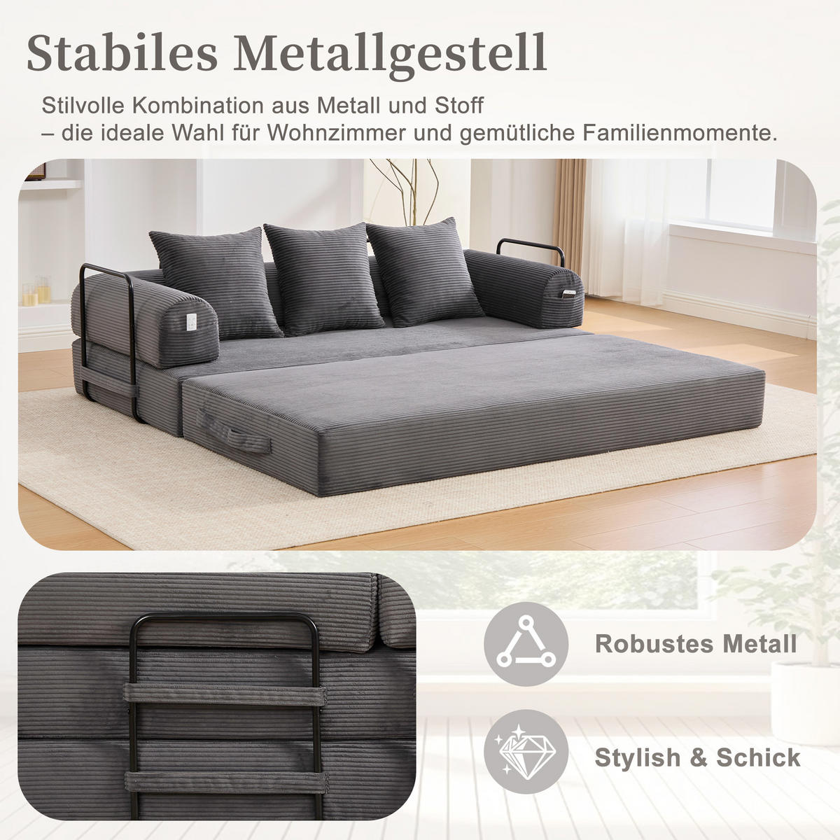 SCHLAFSOFA 200/94/67 cm Dunkelgrau mit Seitentaschen plus und 3 Kissen - Dunkelgrau, Textil (200/67/94cm) - Oxeza