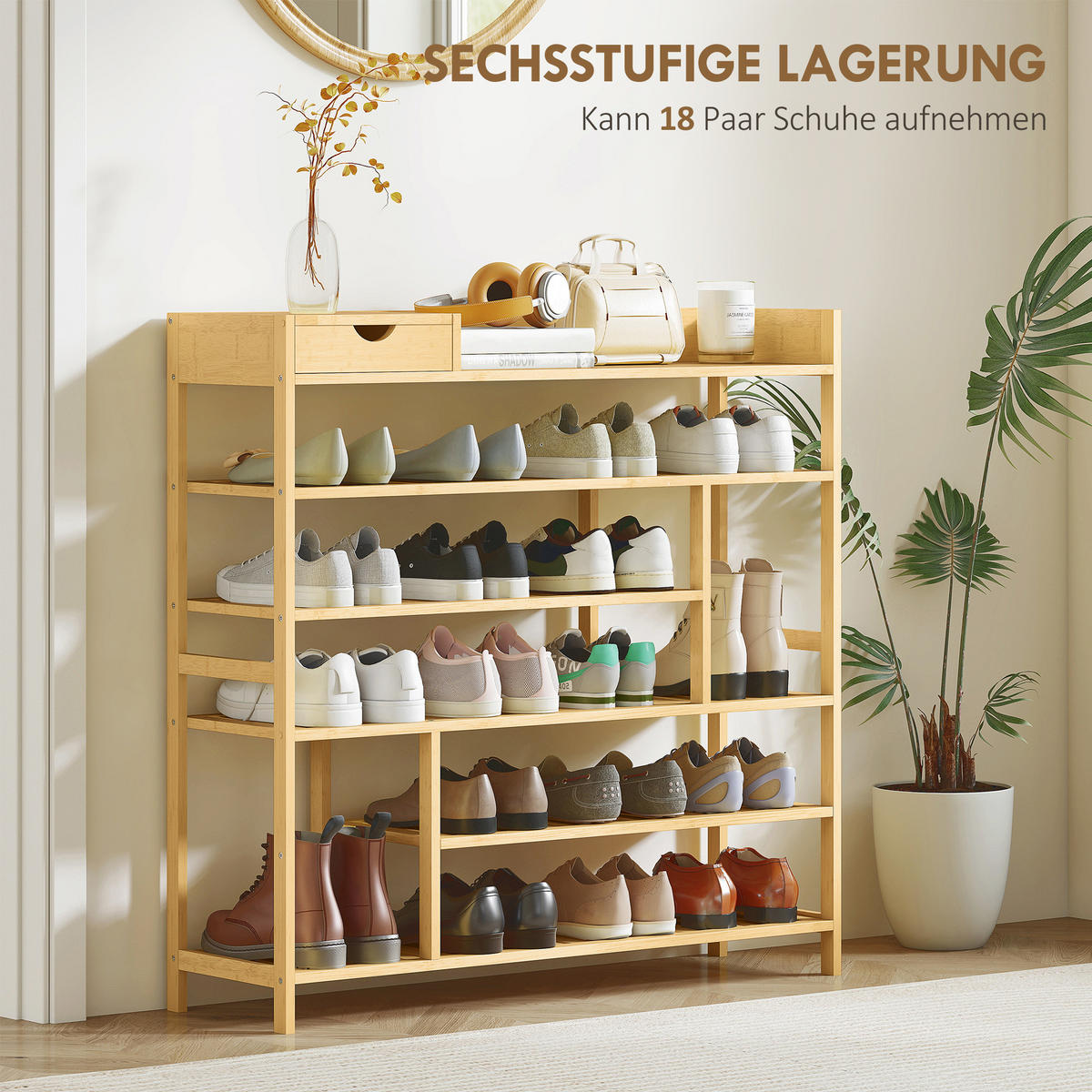 SCHUHREGAL, Schuhständer mit 6 Ebenen, Schublade für max. 18 Paar, Bambus - Naturfarben, Holz/Bambusholz (30/100/101cm) - HOMCOM