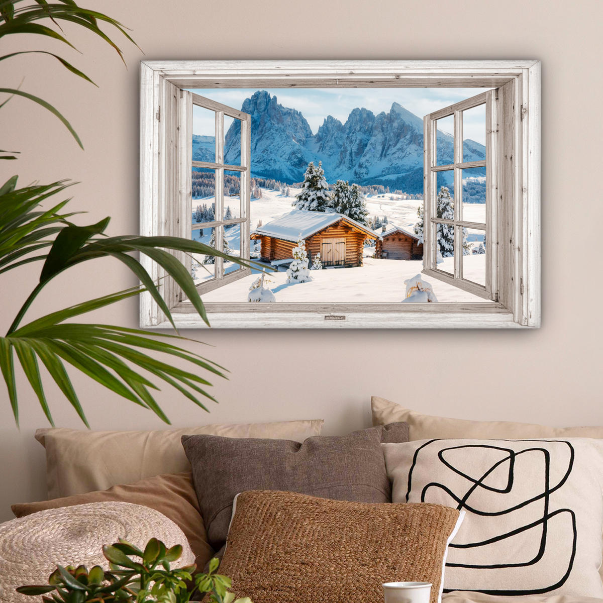 LEINWANDBILD Winterlandschaft - Hütte - Berge - Ausblicke - Aussicht - Natur Gemälde 60x40 cm - Weiß Hochglanz, Textil (60/40cm) - MuchoWow