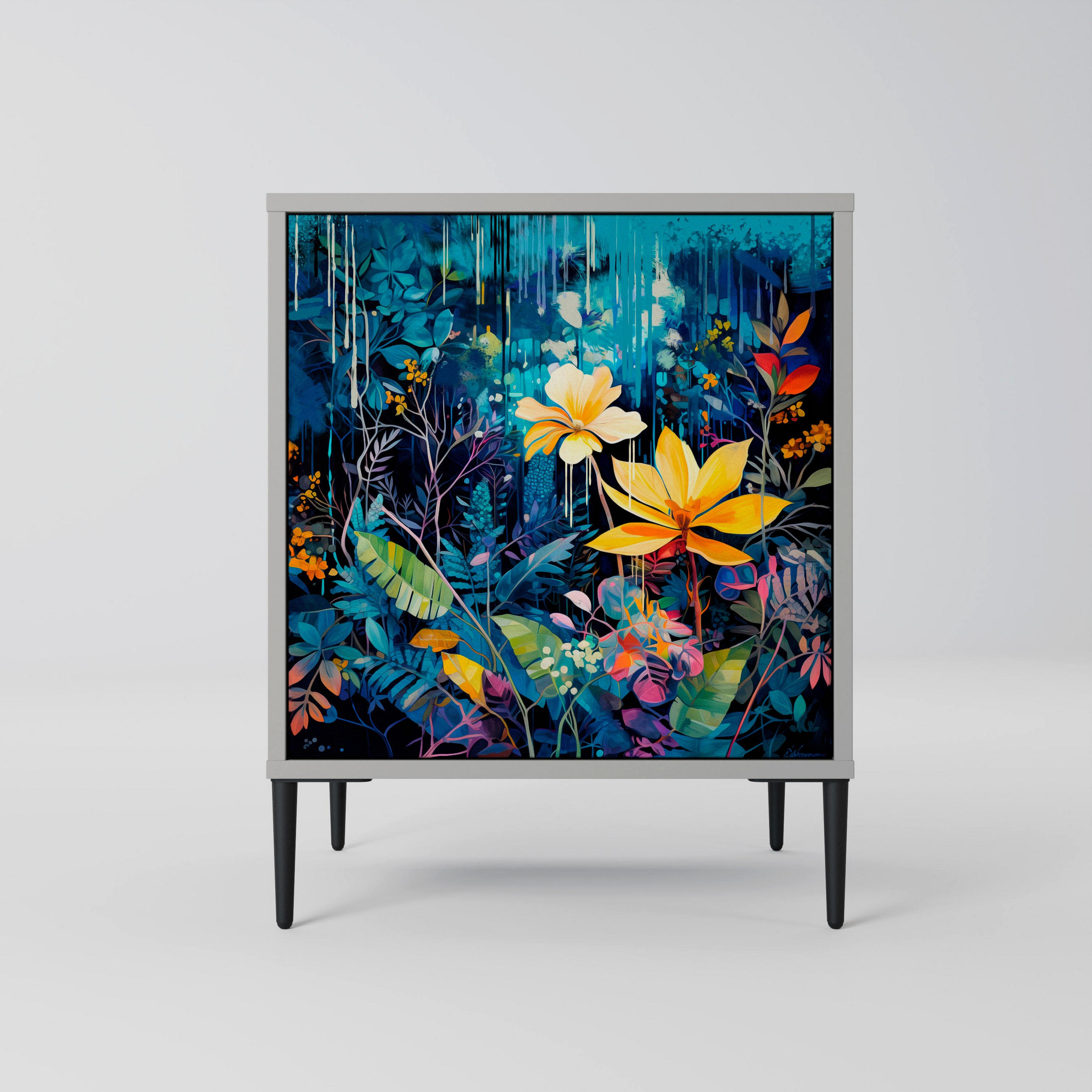 SIDEBOARD MIDNIGHT BLOSSOM, Grau, 57,5x42x72,5 cm, Schwarze Metallfüße - Multicolor/Schwarz, Holzwerkstoff/Metall (57.5/72.5/42cm) - SpaceRebels