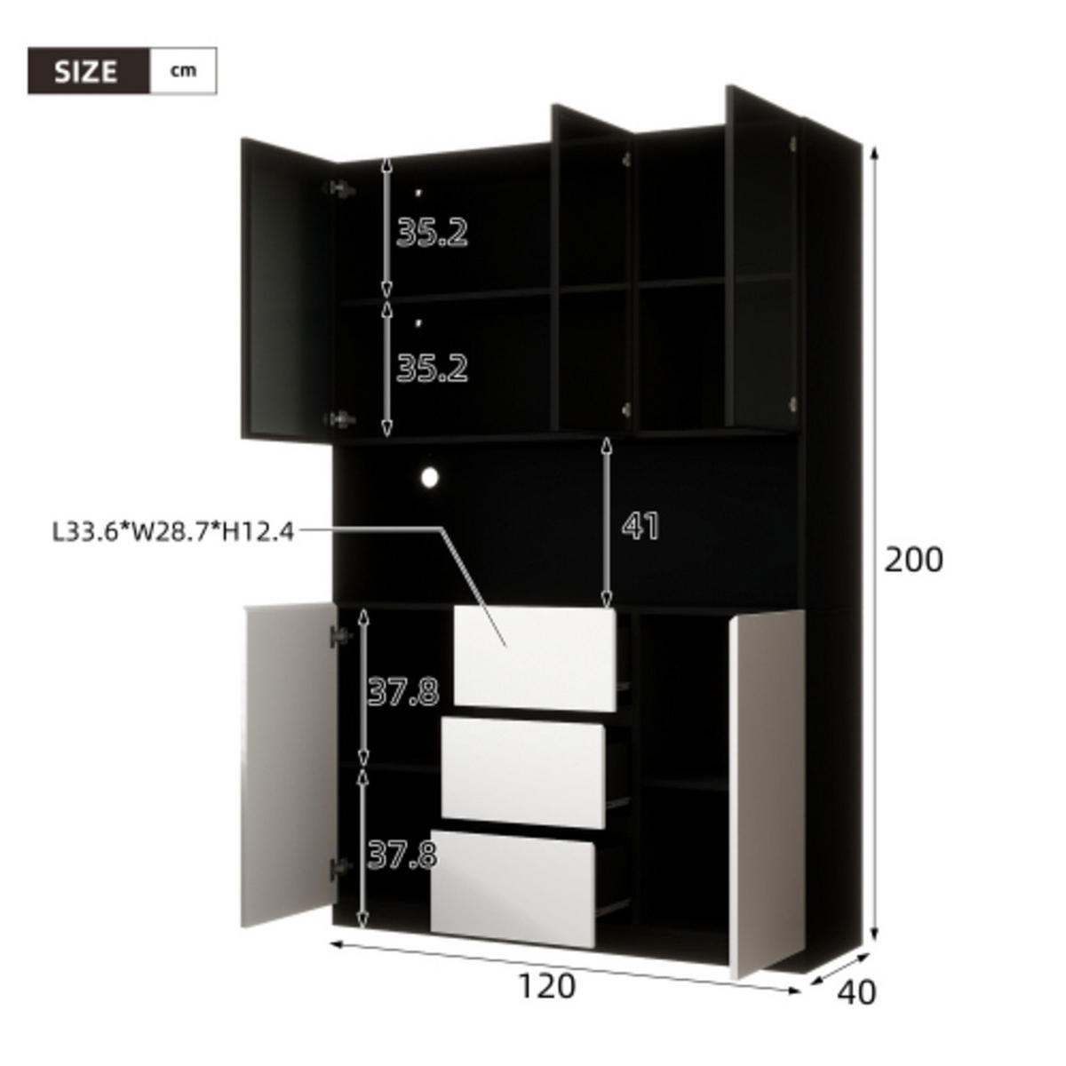 GLASVITRINE Schwarz mit offenen Regalen und drei Schubladen 120×40×200 cm aus MDF & gehärtetem Glas - Schwarz, Holzwerkstoff (120/200/40cm) - Luhomfu