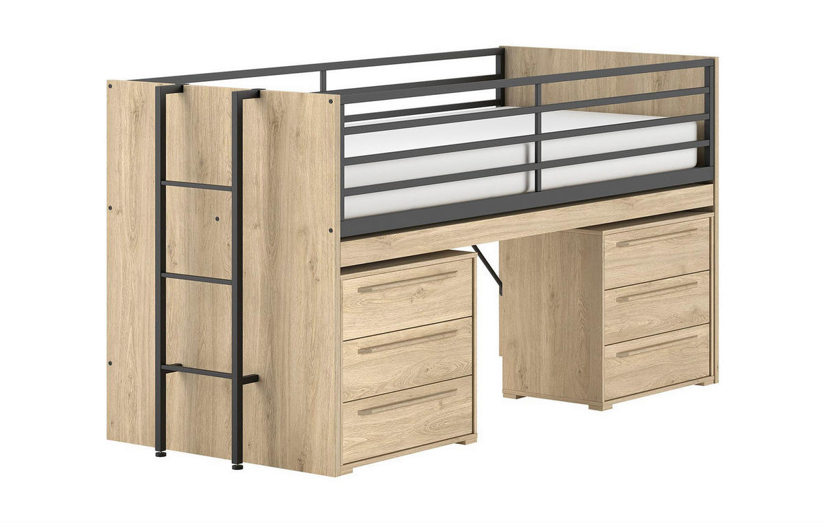 HALBHOCHBETT 90x200 Keelia Eiche mit Schreibtisch Stauraum - Eichefarben, Kunststoff (90/200cm) - 58aufmkessel
