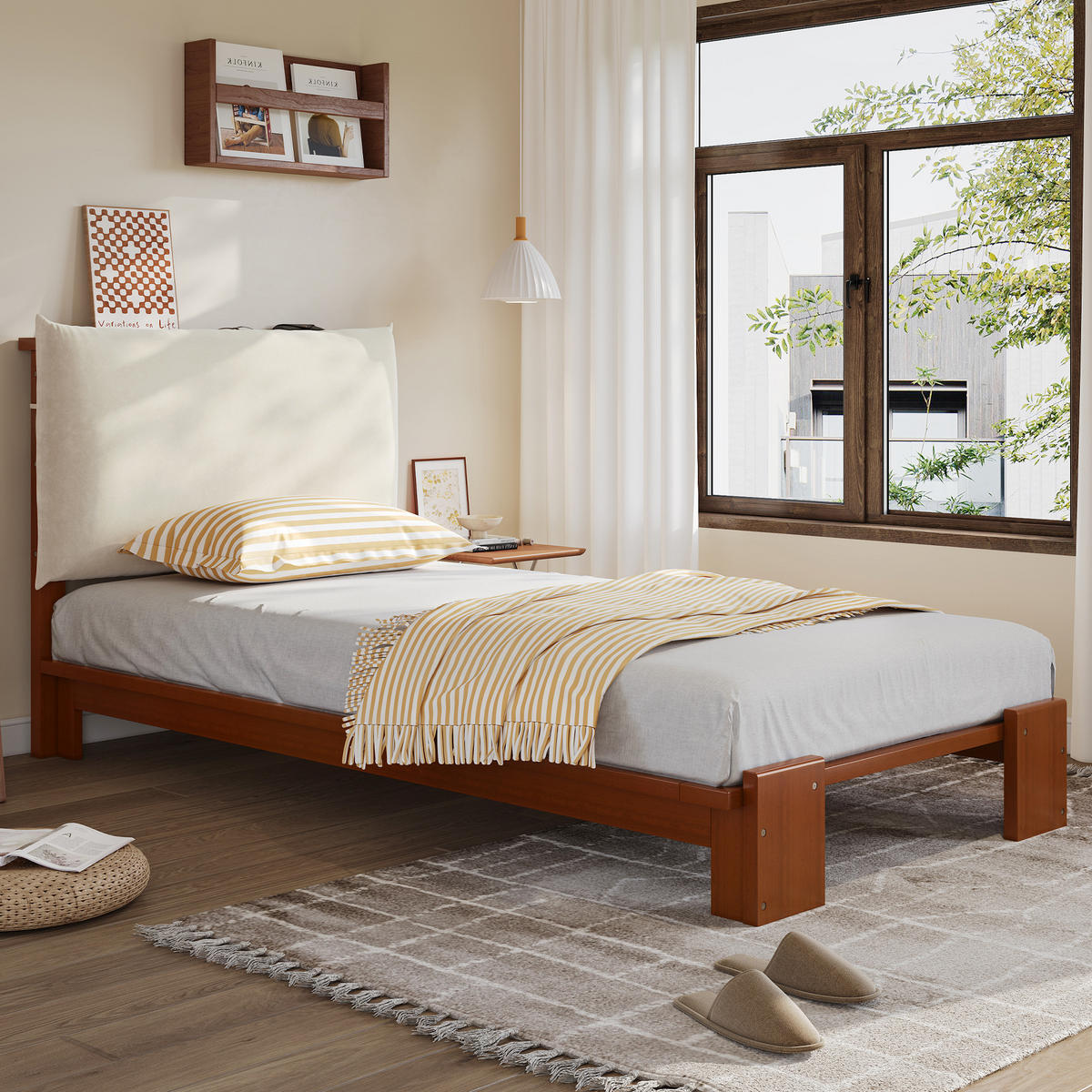 POLSTERBETT 90/200 cm dunkelbraun aus Holz mit gepolstertem Kopfteil - Braun, Textil (90/200cm) - OKWISH