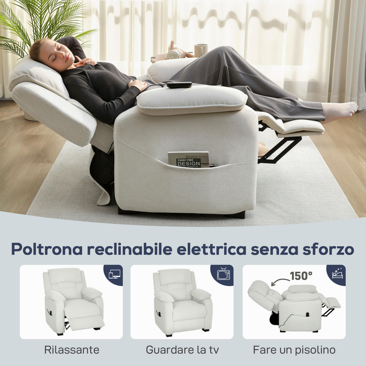 SAMT-SESSEL,150° verstellbar Fußstütze Fernbedienung Seitentasche,beige - Beige, Textil (90/103/96cm) - Vallsero