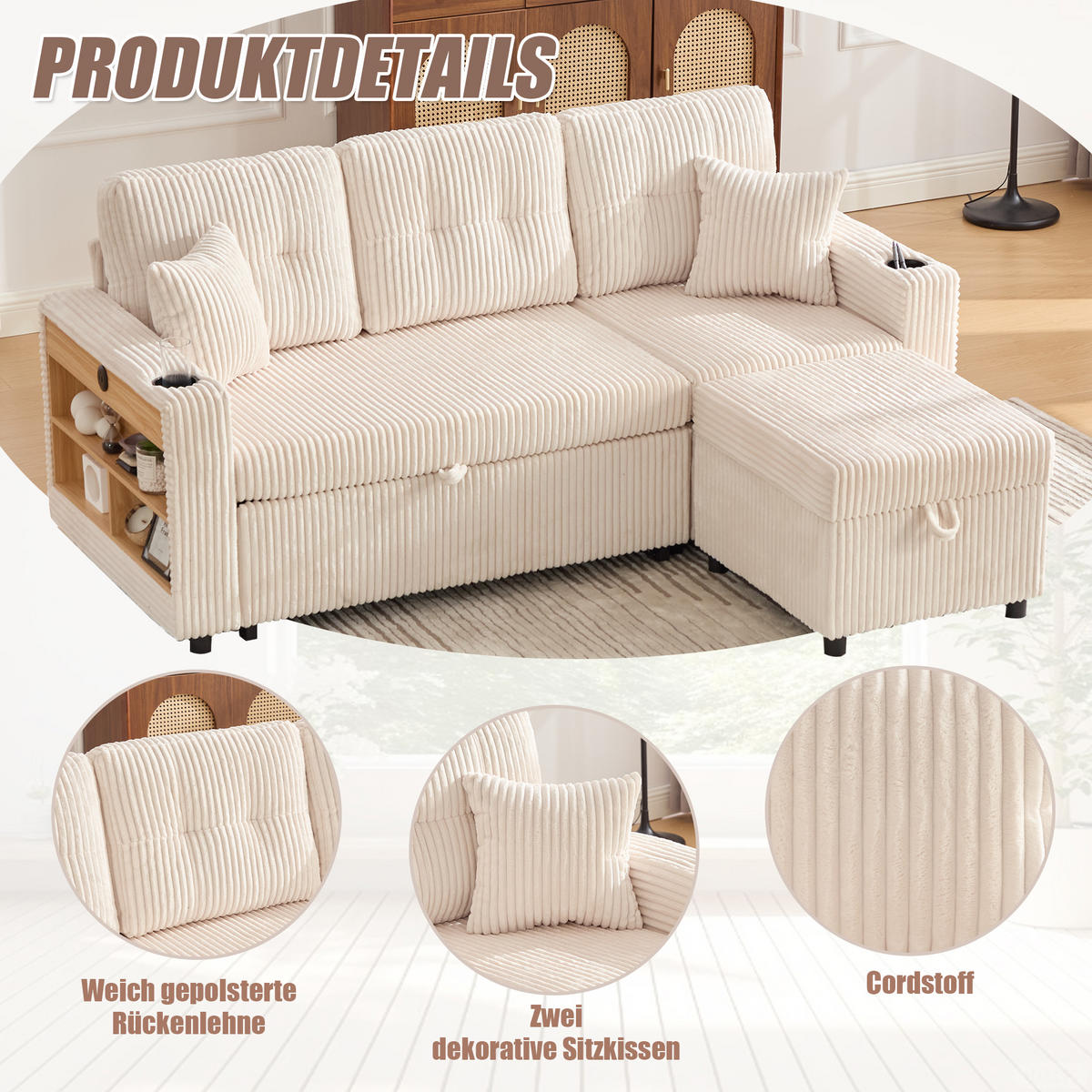 ECKSCHLAFSOFA 196/144/85 cm Beige mit Stauraum, USB-C, Ambientebeleuchtung und Getränkehaltern - Beige, Textil (196/82cm) - Oxeza