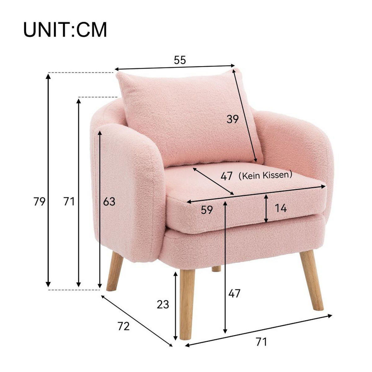 POLSTERSESSEL in Rosa Teddy-Samt with Massivholz-Beinstuhl - Pink, Textil (72/79/71cm) - KOMHTOM