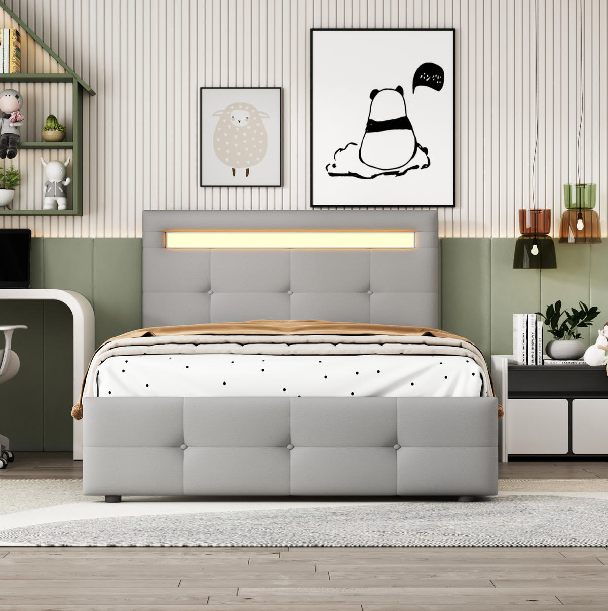 POLSTERBETT 90x200 cm Grau mit LED-Beleuchtung, 2 Schubladen und verstellbarem Kopfteil - Grau, Textil (90/200cm) - IVMEU