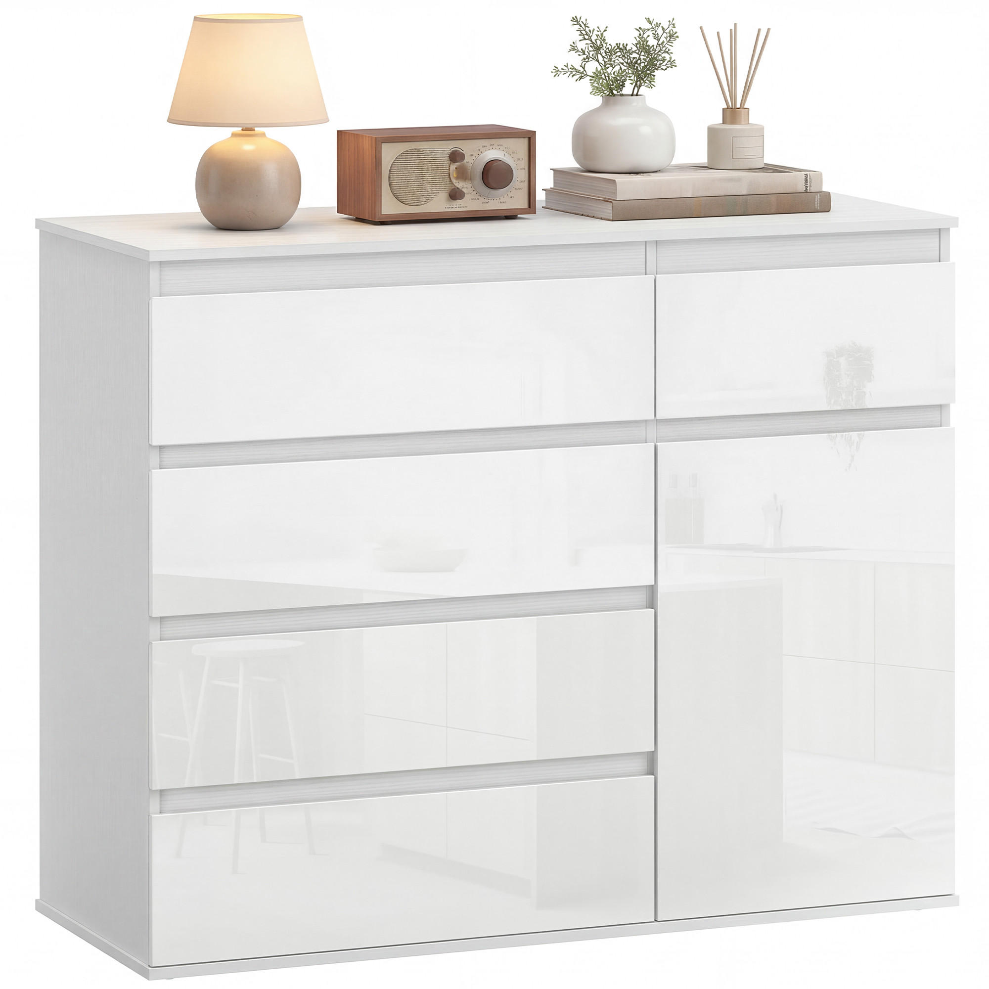SIDEBOARD Weiß Hochglanz mit 5 Schubladen - Weiß Hochglanz, Holzwerkstoff (100/80/40cm) - PANGIVO