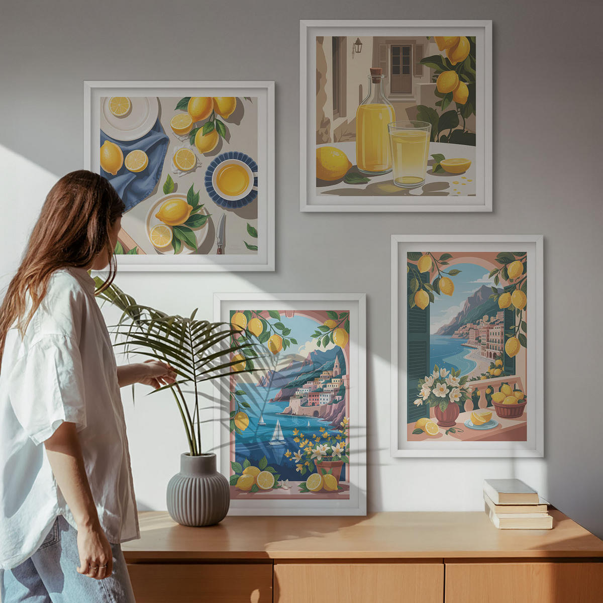 WANDBILDER 4er-Set - 50x50 cm & 40x60 cm Weißer Rahmen - Meerblick, italienische Zitronen - Weiß, Kunststoff (50/50cm) - ArtPrintCave
