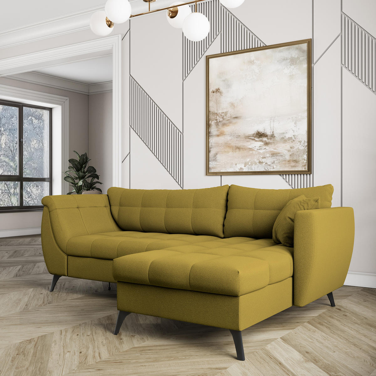 ECKSOFA MOLLIS Gelb Geflochtener-Stoff mit Schlaffunktion - Gelb, Holz (241/154cm) - MASSENO
