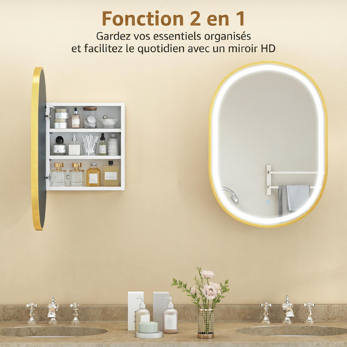 SPIEGELSCHRANK Goldfarben 50/14,5/70 cm mit LED-Beleuchtung - Goldfarben, Glas (50/70/14.5cm) - PANGIVO