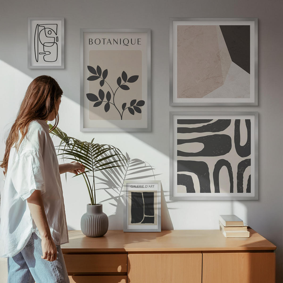 BILDER SET 5er Set - 50x50 cm & 20x30 cm & 40x60 cm Silberner Rahmen - Abstrakte Boho-Musterformen - Silberfarben, Kunststoff (40/60cm) - TULUP