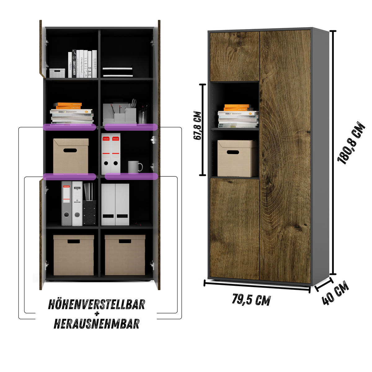 AKTENSCHRANK Amira T20 Eiche Ribbeck 180/80/40 cm - Alteiche, Holzwerkstoff (80/180/40cm) - SIMPLYFURN
