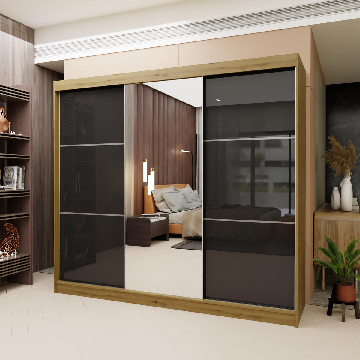 SCHWEBETÜRENSCHRANK VITALE 240/216/61 cm 3-türig mit Spiegel Eiche Artisan - Schwarz/Eiche Artisan, Holzwerkstoff (240/216/61cm) - MASSENO