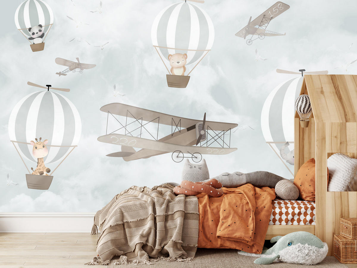 FOTOTAPETE für Kinderzimmer Ballons Tiere Wolken Flugzeuge Fantasie Retro 350x256 - Beige/Braun, Papier (350/256cm) - Muralo
