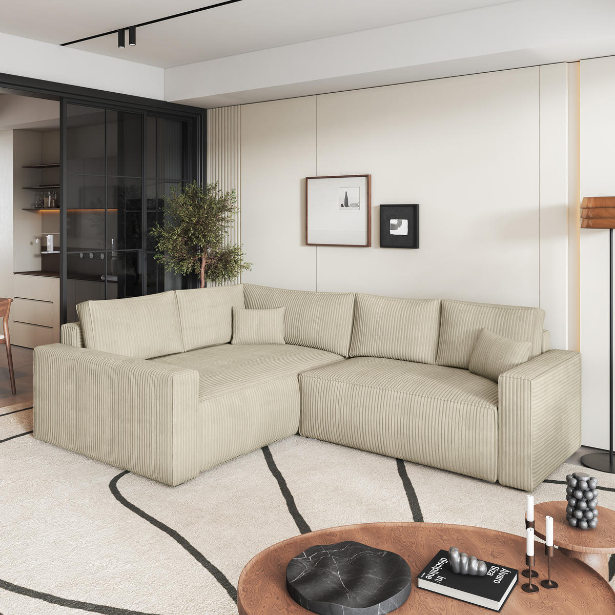 ROHOVÁ SEDAČKA ERONIS krémová - šedá/krémová, dřevo/textil (265/194cm) - MASSENO