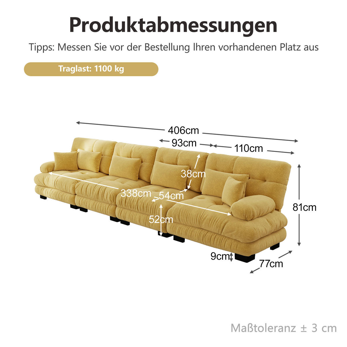 4-SITZER-SOFA DE-34065 modular mit Tiefensitz Gelb - Gelb, Holz (77/81/406cm) - ComfortXL