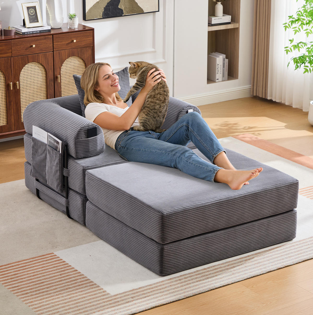 SESSEL aus Cord 112x190x67 cm Dunkelgrau mit Hocker, Seitentasche und Kissen, modular und montagefrei - Dunkelgrau, Textil (112/67/190cm) - Modfu