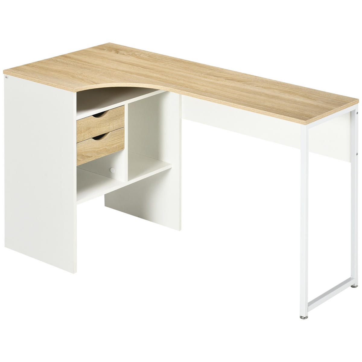 ECKSCHREIBTISCH Eiche-Optik hell mit 2 Schubladen und 3 Fächern 120/60/74 cm - Weiß, Holzwerkstoff (60/120/74cm) - PANGIVO