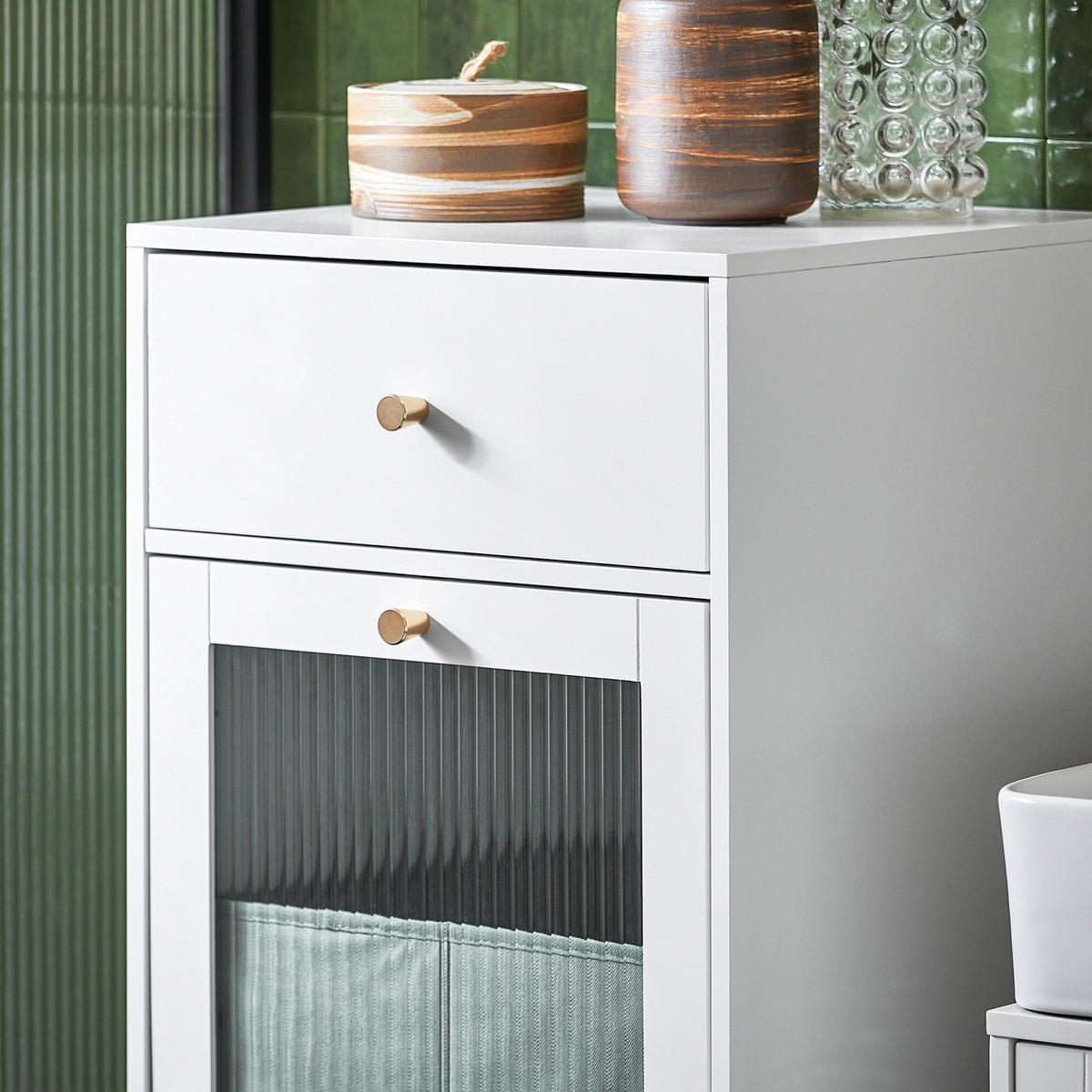 WÄSCHESCHRANK mit Wäschesack Weiß - Weiß, Glas/Holzwerkstoff (40/96/40cm) - SoBuy