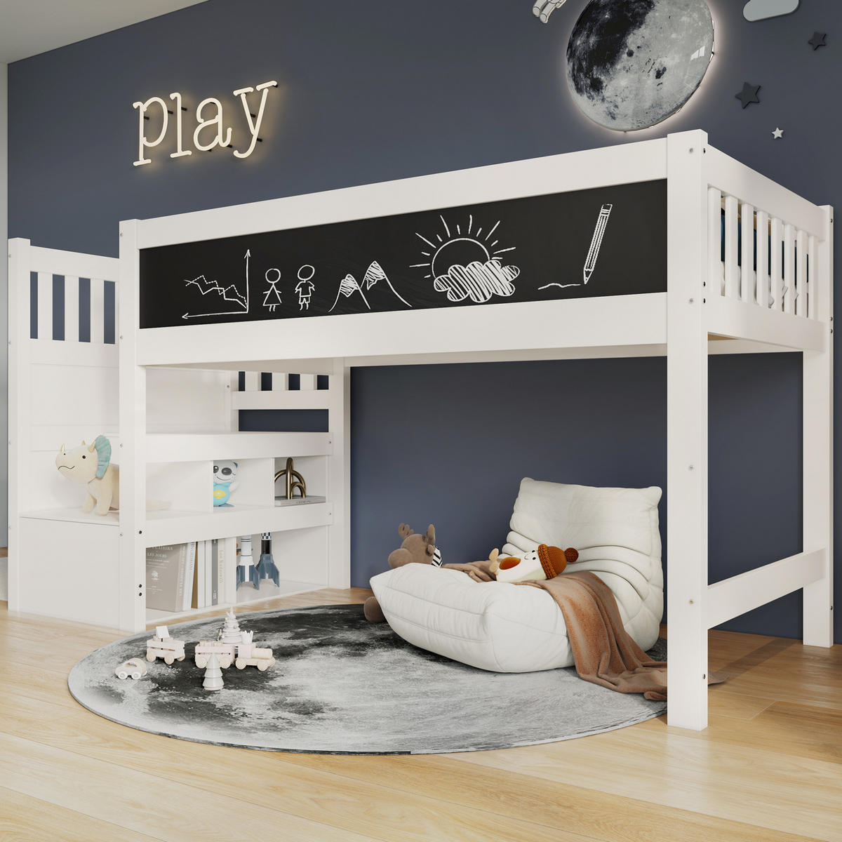 KINDEREINZELBETTEN aus Massivholz und MDF 90x200 cm in Weiß mit Treppe, Stauraum & Tafel - Weiß, Holzwerkstoff (90/200cm) - Modfu