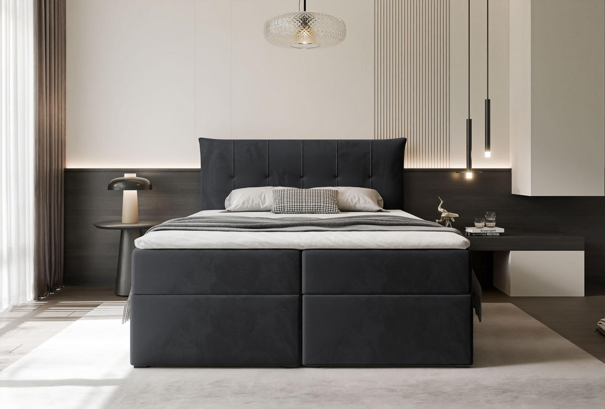 BOXBETT CHESTER 160/200 cm mit Matratze und Topper, Schwarz - Schwarz, Holzwerkstoff/Textil (160/200cm) - Idohome
