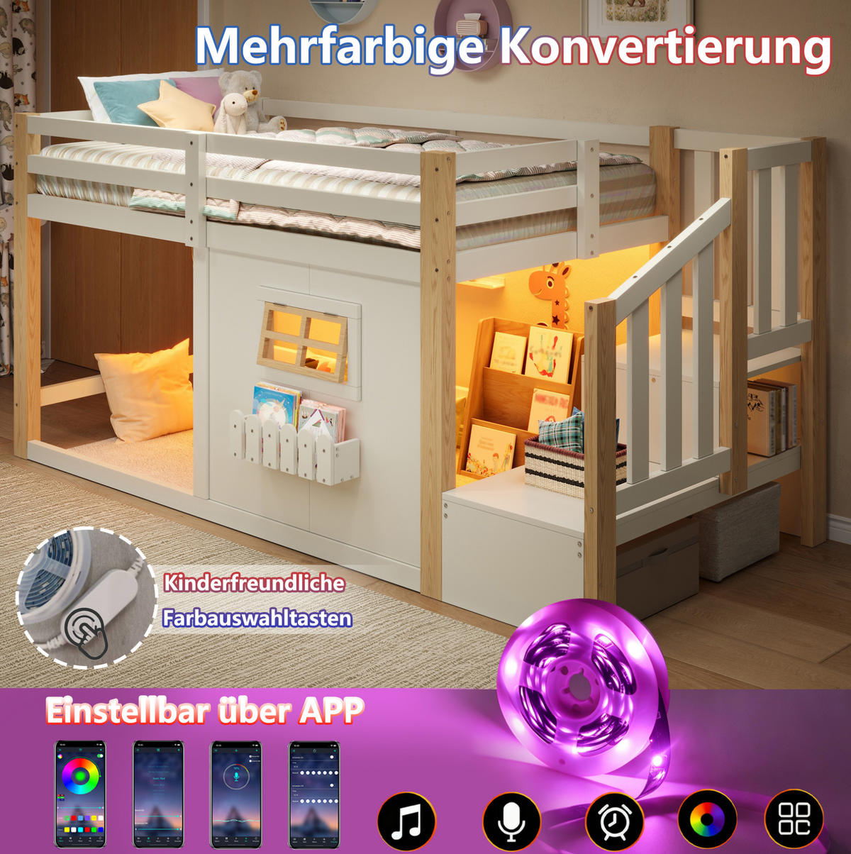 HOCHBETT aus Kiefernholz und MDF 90x200 cm Weiß mit Stauraumtreppe, Fenster und LED-Beleuchtung - Weiß, Holzwerkstoff (90/200cm) - Modfu