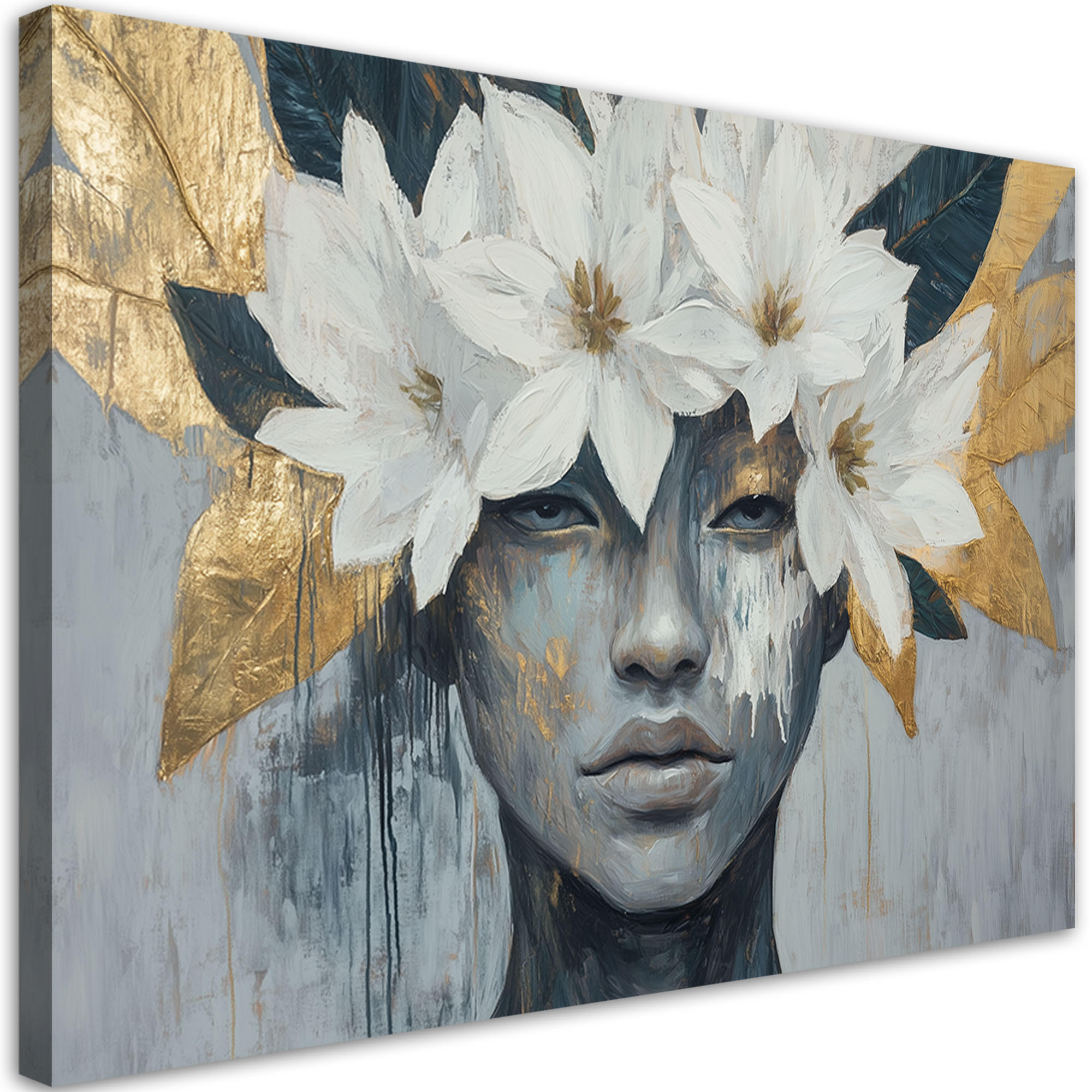 WANDBILD frau mit blumen auf dem kopf. grau und gold - Grau, Textil (120/80cm) - Feeby