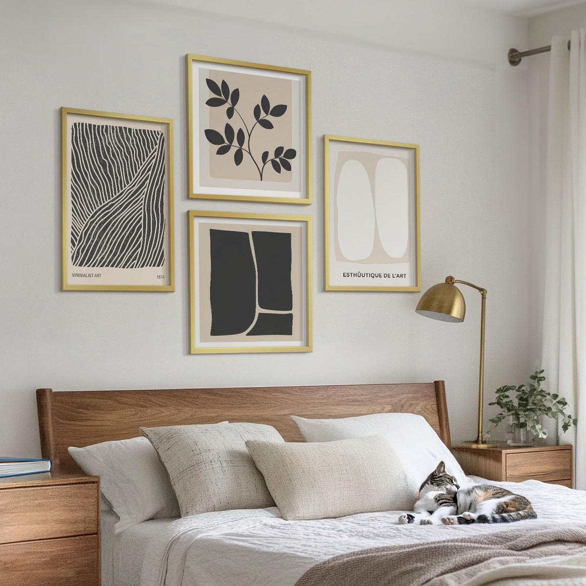 BILDER SET 4er Set - 50x50 cm & 40x60 cm Goldrahmen - Minimalistische Pflanzenmuster - Goldfarben, Kunststoff (50/50cm) - TULUP