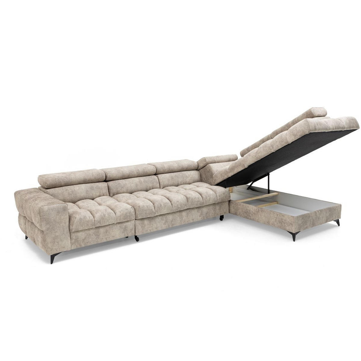 ECKSOFA PUDDING MAXI L Rechts mit Schlaffunktion 125x195 Velours Beige - Beige/Schwarz, Holz/Textil (203/350cm) - Muffo