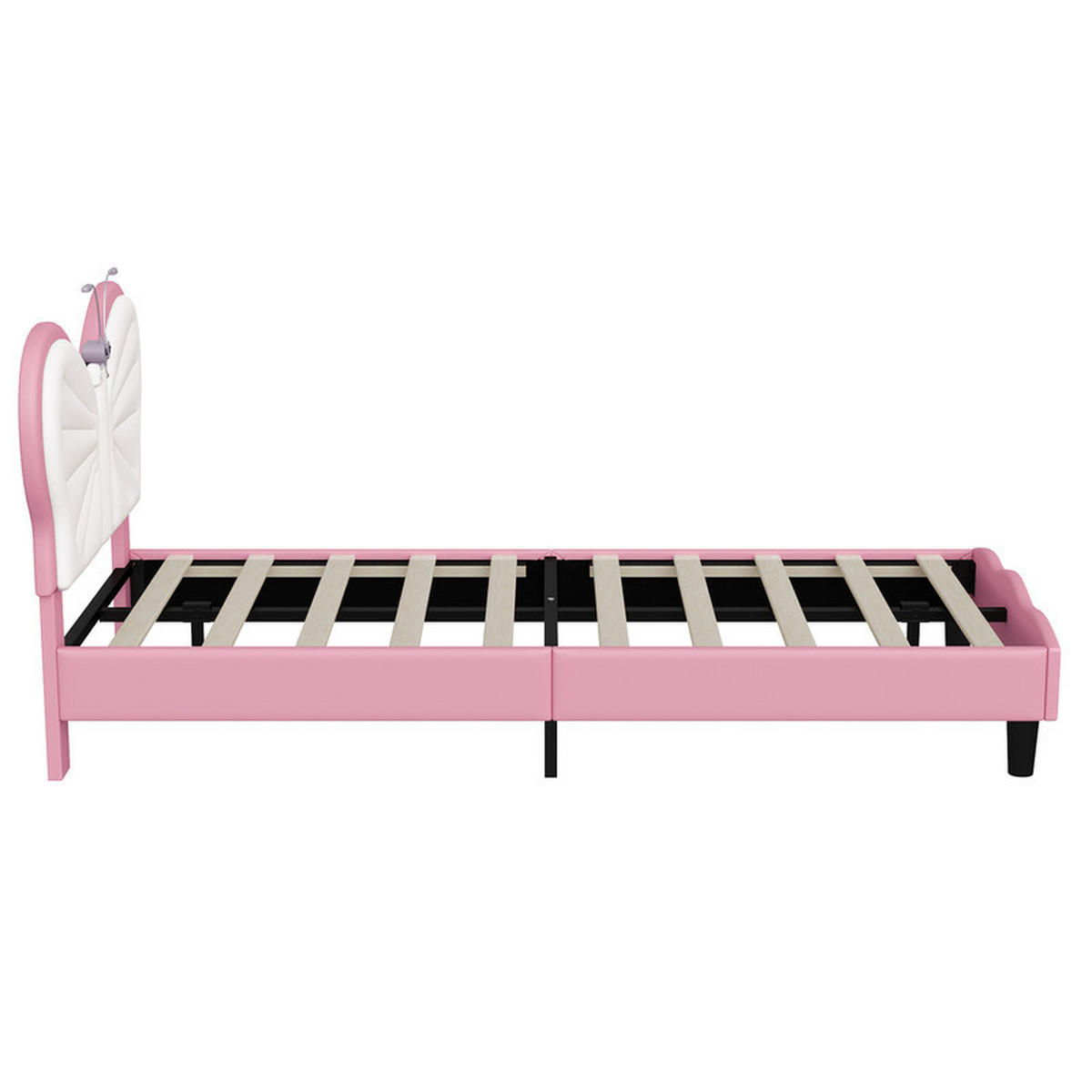 KINDERBETT 90x200 cm, Samt, Weiß und Rosa, mit LED-Leselampe und Lattenrost, Schmetterlings-Kopfteil - Rosa, Holz (90/200cm) - WoodenAura