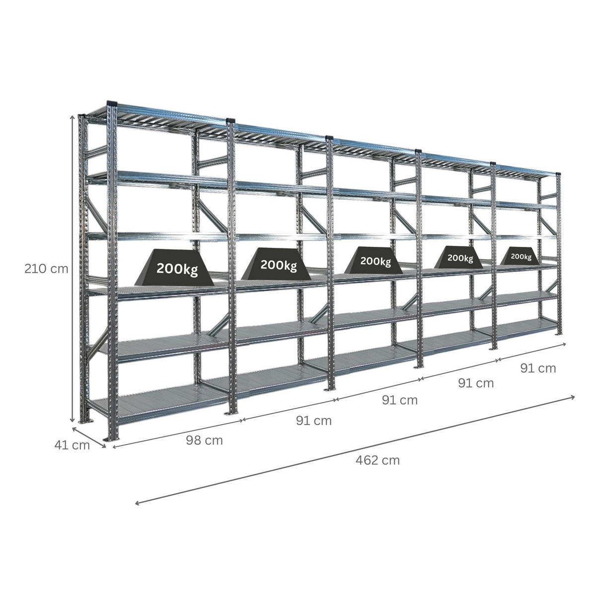 FACHBODENREGAL Proximo Stecksystem 210x450x40cm 6 Ebenen Beidseitig nutzbar Verzinkt - Silberfarben, Metall (450/210/40cm) - PROREGAL
