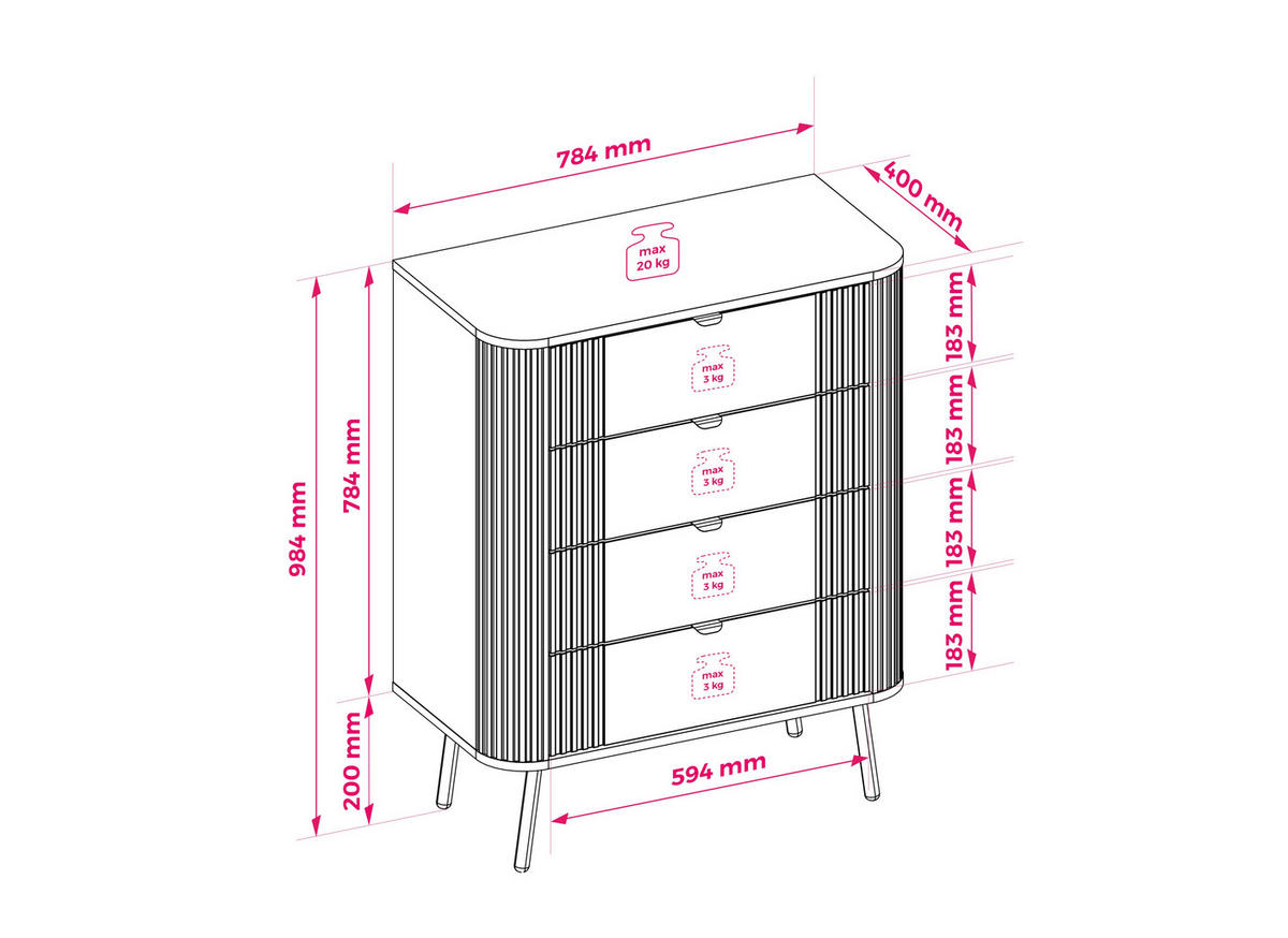 KOMMODE mit 4 Schubladen, Kaschmir, 78,4 x 40 x 98,4 cm - Kaschmir, Holzwerkstoff (78.4/98.4/40cm) - 3XE LIVING