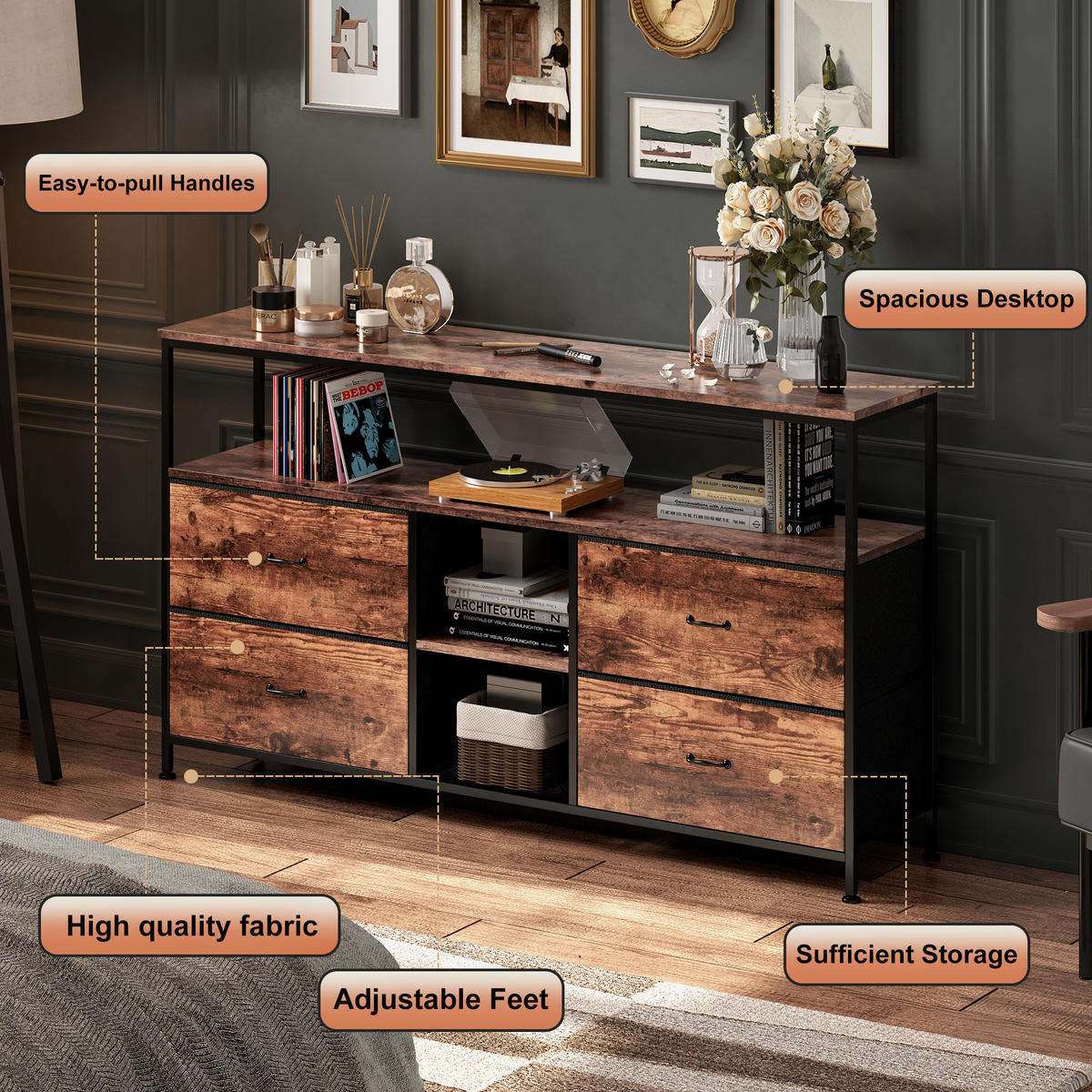 TV-SCHRANK 137 CM - Tigerholz-Optik mit Tigerholz-Stoffschubladen - Bernsteinfarben, Holz (30/78/137cm)