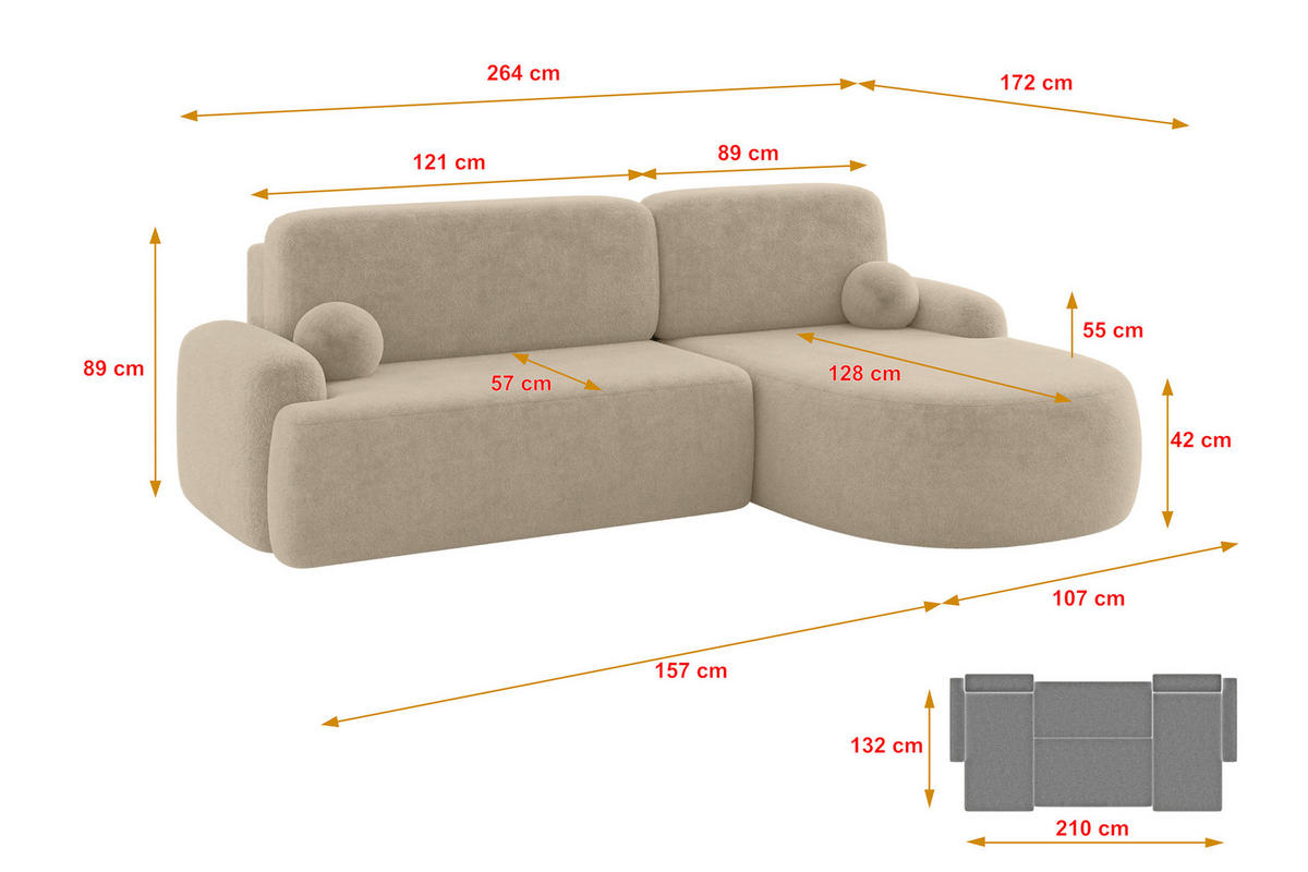 ECKSOFA mit Schlaffunktion und Bettkasten LIRA-L - 264x172x89 Hellbeige - Creme, Holzwerkstoff/Textil (172/264cm) - ALTDECOR