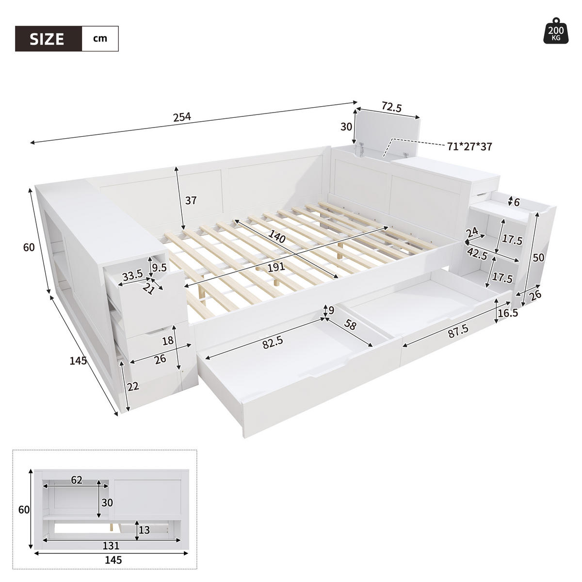 JUGENDBETT 140/190 cm in Weiß mit Schubladen, Ablage und Stauraum MDF - Weiß, Holzwerkstoff (140/190cm) - STILVORA
