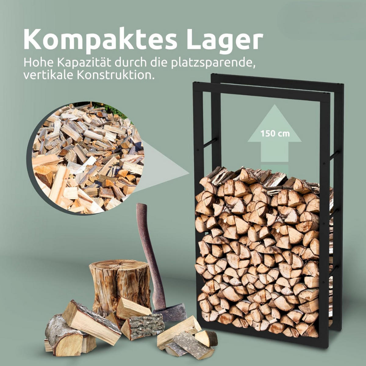 KAMINHOLZREGAL innen Metall KEOP Schwarz 80x25x150 cminkl. Ofenhandschuh - Schwarz, Metall (80/150/25cm) - DELUKE