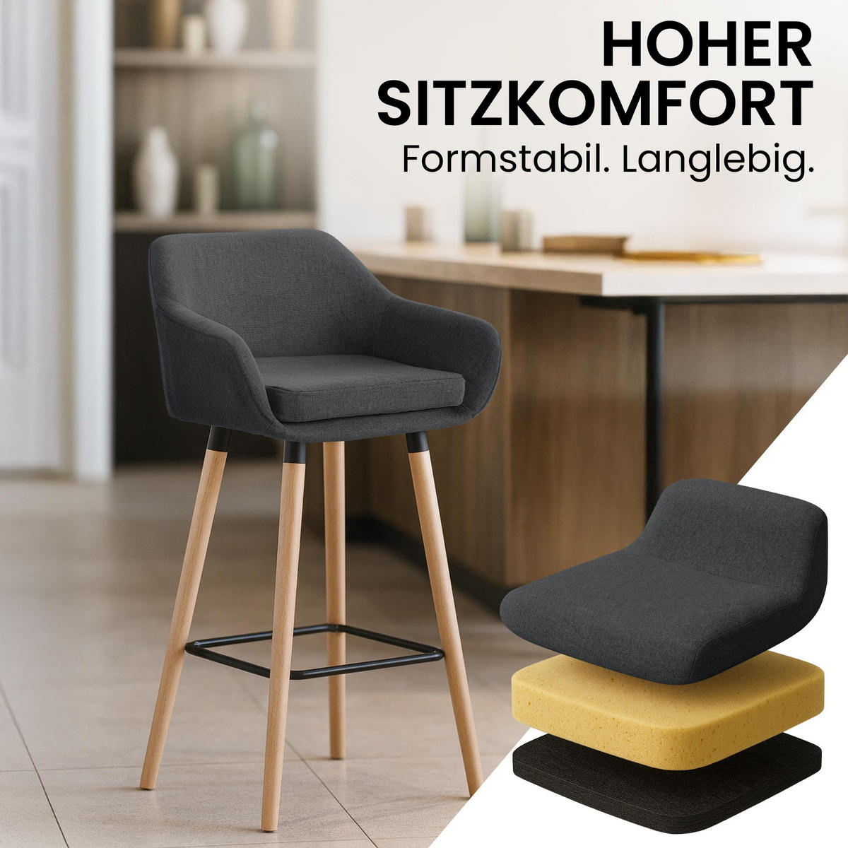 BARHOCKER 2er Set Stoff Dunkelgrau - Eukalyptusholzfarben/Dunkelgrau, Holz/Textil (55/99/46cm) - CLP