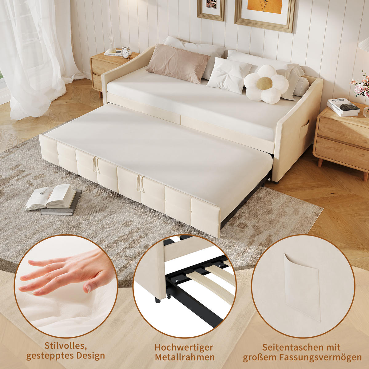 POLSTERBETT 90/200 cm Beige mit Ausziehbett - Beige, Metall (90/200cm) - EuroLiving