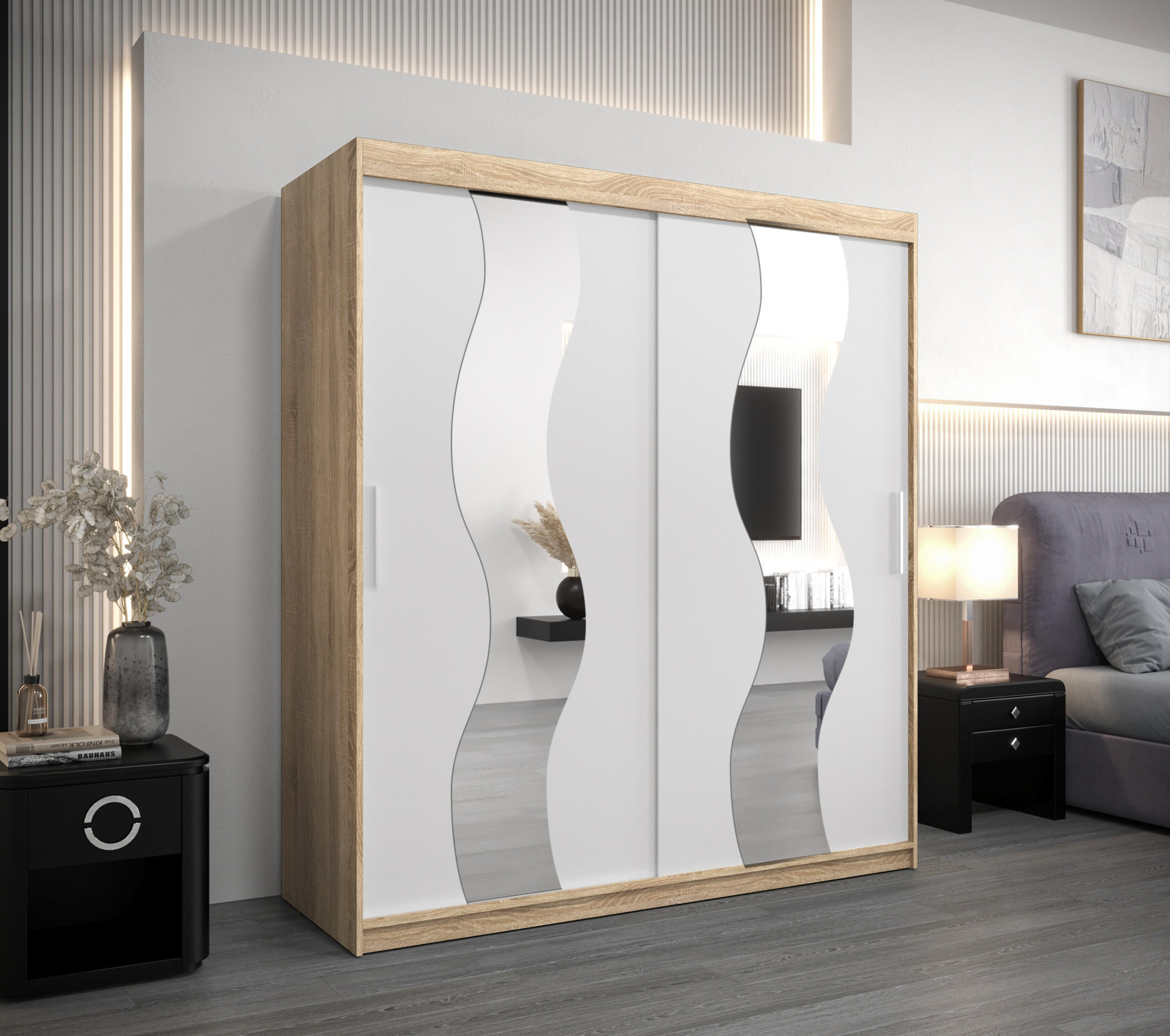 SCHWEBETÜRENSCHRANK 200/180/62 2-türig - Silberfarben/Weiß, Holz/Kunststoff (180/200/62cm) - Abiks Möbel