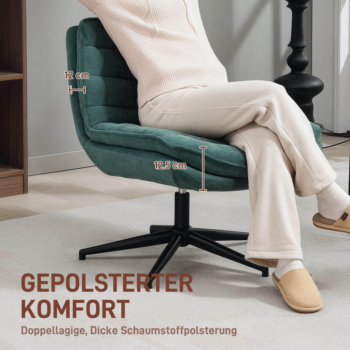 BÜROSTUHL DE-05034 Drehbar mit breitem Sitz, gepolstert Dunkelgrün - Dunkelgrün, Metall (65.5/80/76cm) - ComfortXL