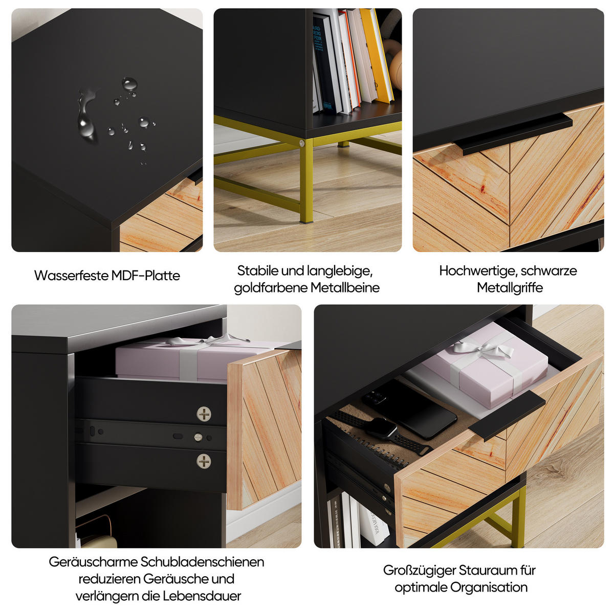 NACHTTISCH aus MDF mit Schublade & offenem Fach, 39,8/42,9/55,1 cm, Schwarz/Natur - Schwarz, Holzwerkstoff (39.8/55.1/42.9cm) - Redom