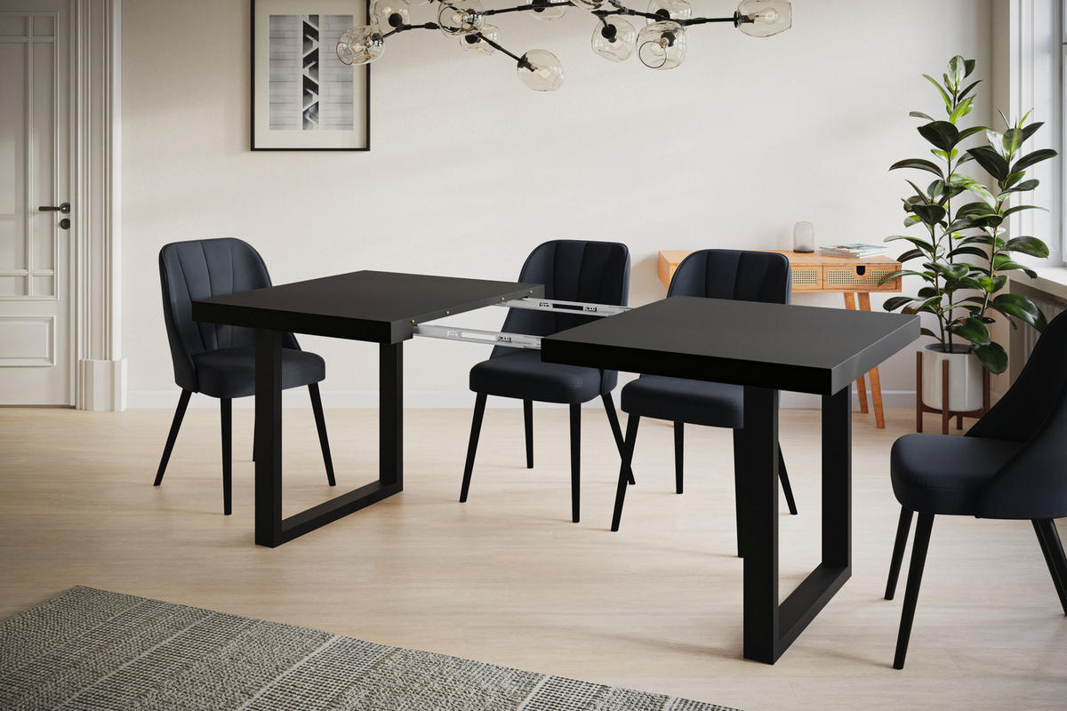 ESSZIMMERTISCH LOFT-U, ausziehbarer Tisch 180-280X90X77 cm, Farbe: Schwarz, mit Metallbeinen in Farbe Schwarz - Schwarz, Holzwerkstoff (180/90/77cm) - Alpi-Möbel