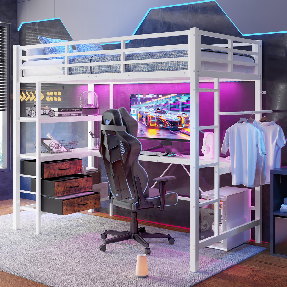 HOCHBETT 90/200 cm Weiß mit LED-Beleuchtung, Schreibtisch, Steckdose + USB, 3 Schubladen - Weiß, Metall (90/200cm) - OKWISH