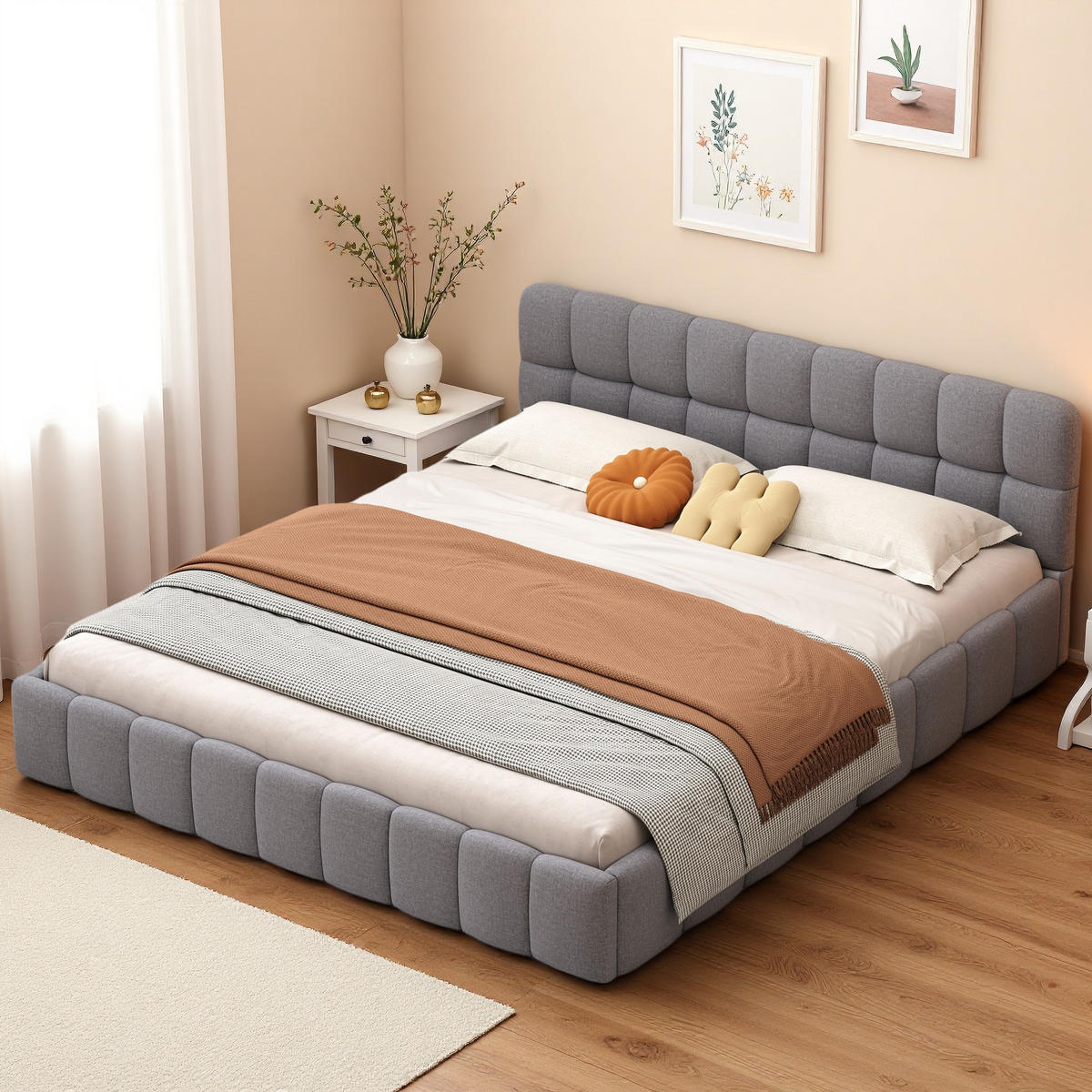 POLSTERBETT 160x200 cm Bubble Design Lattenrost Rückenlehne Leinen grau - Grau, Holz (160/200cm) - LEBENLANG