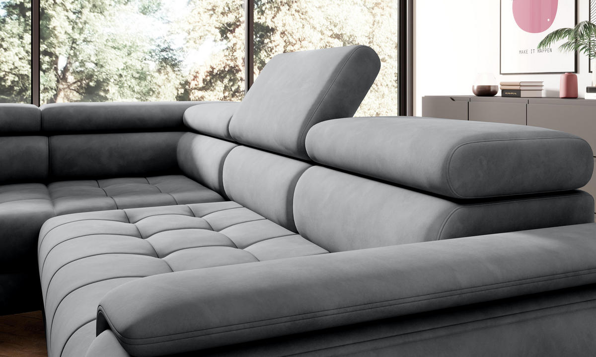 ECKSOFA CHIVAS Freistehend , Schlaffunktion, 278×197×76/98 cm, Stoff - Element, Hellgrau, Rechts Seite - Hellgrau/Schwarz, Holz/Textil (197/278cm) - DomoHome