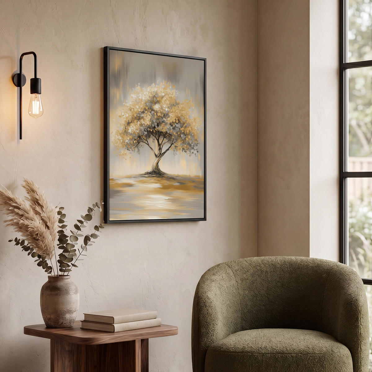 LEINWAND Bilder mit Rahmen - Gemälde - Baum - Abstrakt - Blätter - 60x80 - Beige, Textil (60/80cm) - MuchoWow